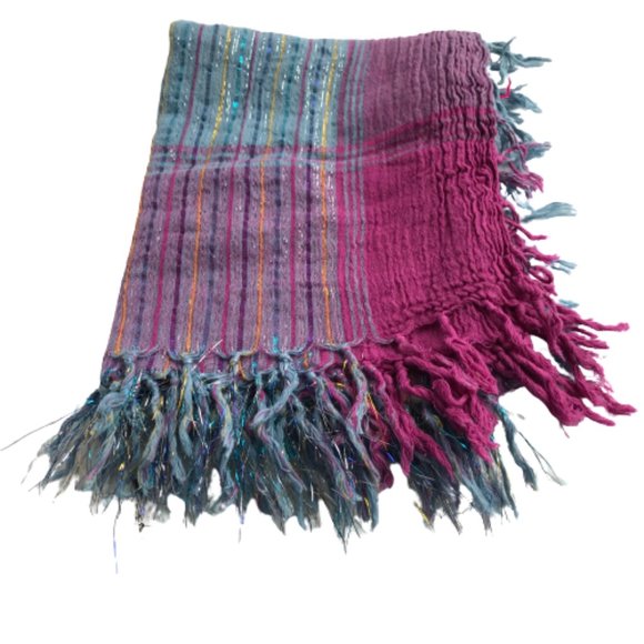 Purple Metallic Stripe Fringe Boho Cozy Warm Scarf - Picture 2 of 5